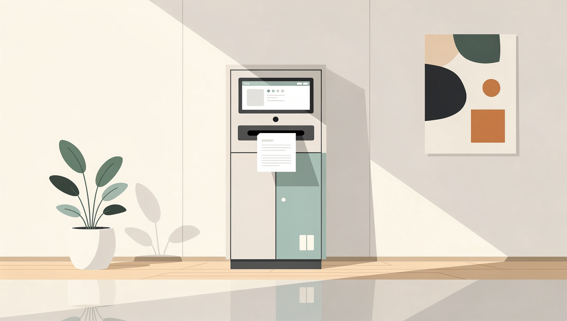 Smart locker machine dispensing document in modern office lobby