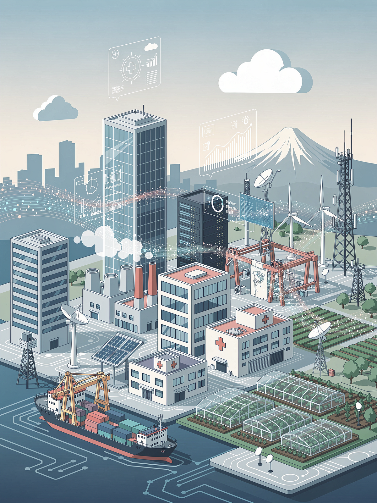 Cityscape illustration showing various industries and technologies